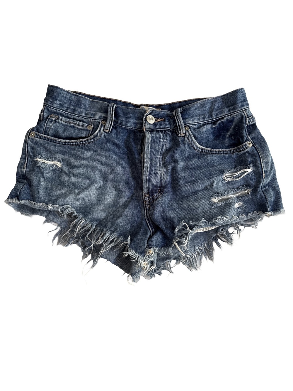 WE THE FREE Cut Off Button Fly Blue Denim Shorts Size 27 Distressed Raw Hem
